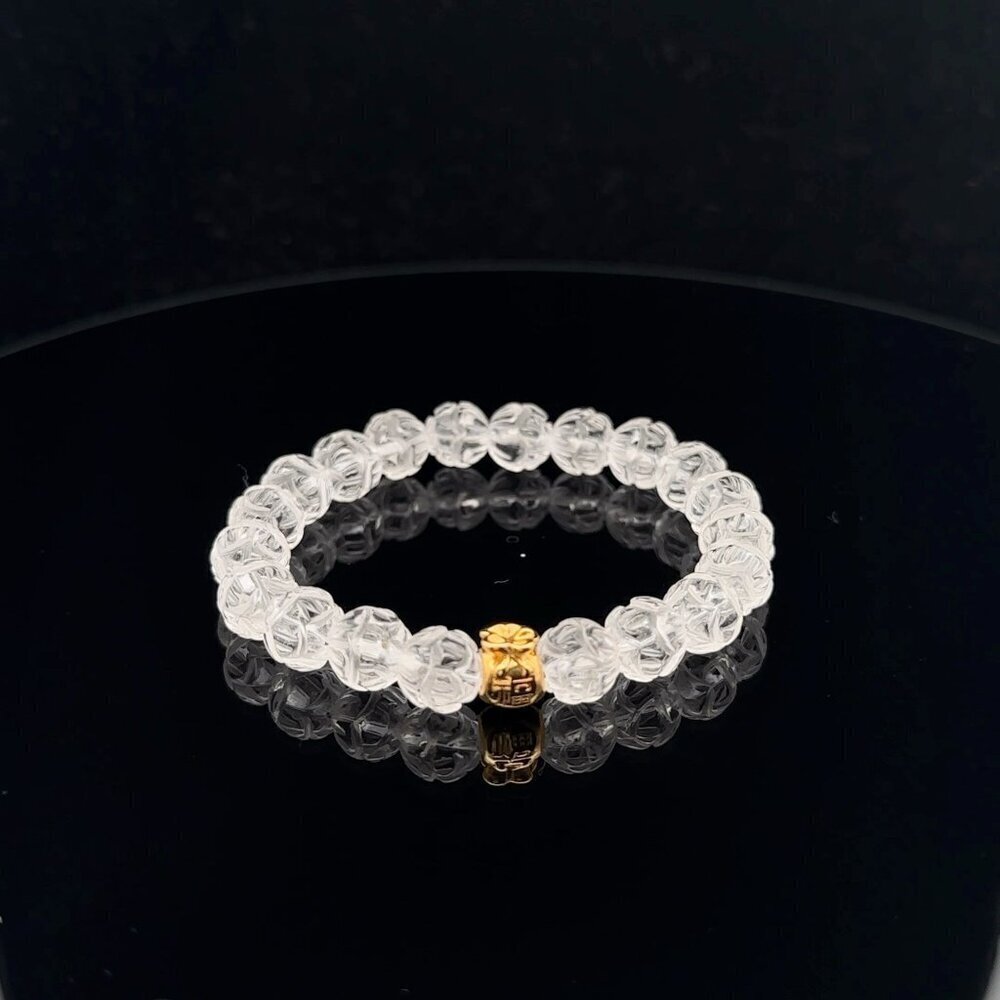 18K Gold Money Bag Lucky Charm Bracelet Clear Quartz Carved Lotus Gemstones 7.5m